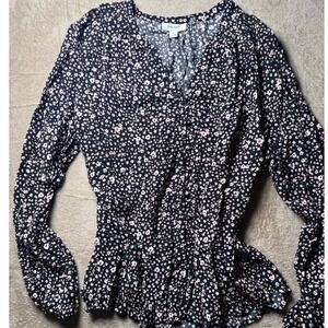 ON-34th Womens 2X Black Floral V-Neck Button Viscose Blouse Cottagecore‎ Summer